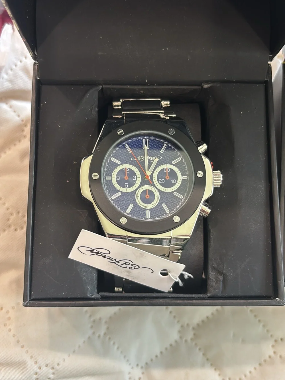 Ed Hardy Men's Silver Watch with Blue Dial and Red Accents
